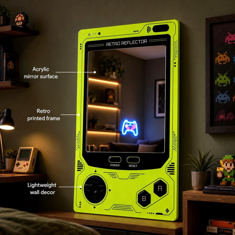 May include: A rectangular wall mirror with a bright lime green frame designed to resemble a vintage handheld gaming console. The frame features black printed details including a directional pad, A and B buttons, and the text Retro Reflector.