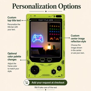 May include: A lime green rectangular frame shaped like a handheld gaming console with a central screen displaying a room with a neon controller sign. The frame features black buttons, a D-pad, and text labels including Personalization Options.