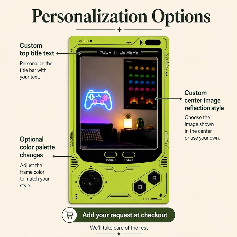 May include: A lime green rectangular frame shaped like a handheld gaming console with a central screen displaying a room with a neon controller sign. The frame features black buttons, a D-pad, and text labels including Personalization Options.