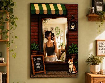 Pixel Art Coffee Shop Mirror with Cat | Retro Gaming Wall Decor | Unique Aesthetic Home Decor