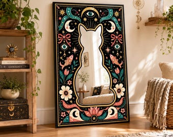 Mystical Cat Mirror Wall Decor | Boho Celestial Digital Print Art | Unique Plexi Mirror for Aesthetic Homes