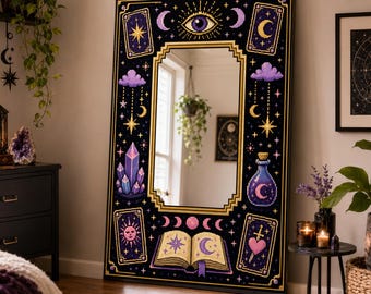 Pixel Art Mystical Mirror, Witchy Home Decor, Tarot Card Digital Print Wall Art, Custom Size Plexi Silver Mirror