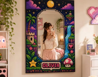 Pixel Art Gaming Mirror - Custom Name Retro Game Aesthetic Wall Decor - Unique Digital Print Plexi Mirror