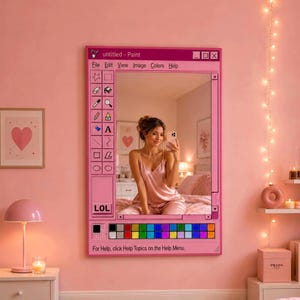 May include: A rectangular wall mirror featuring a pink frame designed to resemble the interface of the classic Paint computer software. The frame includes a toolbar with icons, a color palette, and the text "untitled - Paint" and "For Help, click Help Topics on the Help Menu."