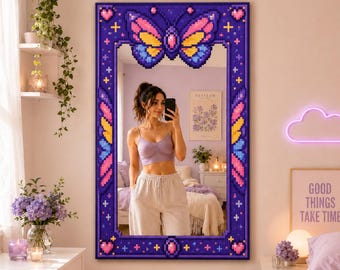 Vibrant Pixel Art Butterfly Mirror - Digital Print on Decota & Plexi Silver, Aesthetic Room Decor Wall Art