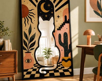 Mystical Cat Mirror Wall Decor | Boho Celestial Digital Print Art | Unique Plexi Mirror for Aesthetic Homes