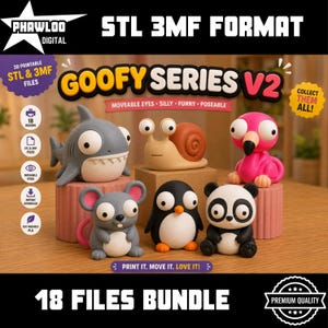 May include: A digital bundle of 18 3D printable STL and 3MF files titled Goofy Series V2. The image displays five small, cartoon-style animal figurines including a gray shark, a tan snail, a pink flamingo, a gray mouse, and a panda.
