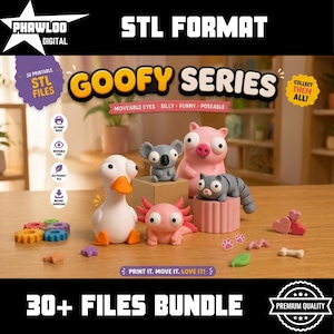 May include: A collection of 3D-printed, Goofy Series figurines, including a duck, koala, pig, cat, and axolotl. The image features the text "STL FORMAT" and "30+ FILES BUNDLE". The figurines are designed with moveable eyes and are poseable.