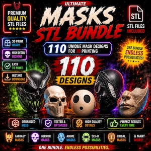 May include: A digital bundle of 110 unique mask designs for 3D printing, featuring various styles including fantasy, horror, anime, sci-fi, and tribal. The image displays five distinct mask examples, including a horned mask, a skull, and a face mask.
