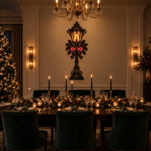 May include: A black wall-mounted lantern decoration featuring a central light, a red bow accent, and foliage details. The piece is positioned above a dining table set with candles, glassware, and a festive garland in a dimly lit room.