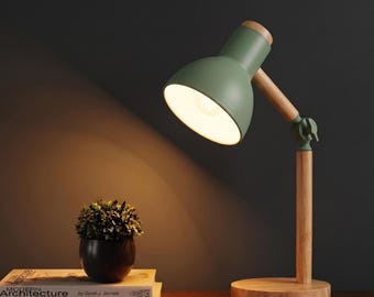 Mint Green Scandinavian Desk Lamp | Nordic Wood Table Lamp | Adjustable Bedside Reading Light