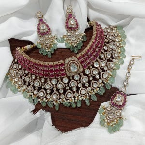 Lyxigt indiskt brudhalsband med Kundan choker, smyckeset med rubingröna stenar, uttalandehalsband för bröllop, pakistanska brudsmycken