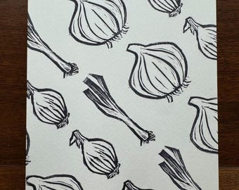 Alliums Linocut Art Print | Kitchen Decor | Onion | Shallot | Scallion | Cooking | Foodie Gift |