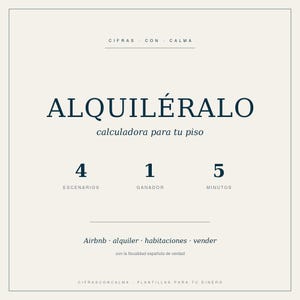 Könnte beinhalten: Cremefarbene Grafik mit dem Text "ALQUILÉRALO" und "calculadora para tu piso." Die Zahlen 4, 1 und 5 werden mit den Wörtern "ESCENARIOS," "GANADOR," und "MINUTOS" angezeigt. Zusätzlicher Text enthält "Airbnb alquiler habitaciones vender."