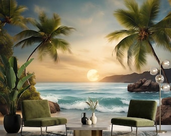 Tropical Beach Sunset Landscape Wall Mural, Coastal Ocean View Wallpaper, Sunset Palm Tree Large Scale Wall Decor, Summer Vibe Accent Wall
