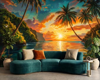 Tropical Sunset Landscape Peel and Stick Wallpaper Mural, Coastal Beach Sunset Wall Decor, Exotic Island Paradise, Scenic Wall Art
