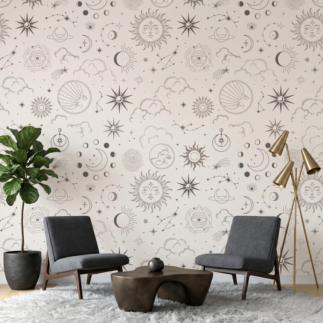 Celestial Boho Line Art Wallpaper, Mystical Sun and Moon Wall Decor ...