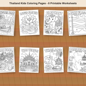 May include: Eight printable coloring pages titled Thailand Kids Coloring Pages featuring black and white line art of a longtail boat, lotus flower, elephant, Thai flag, Thai food, Thai temple, Thailand map, and a Thailand collage with five colored pencils.