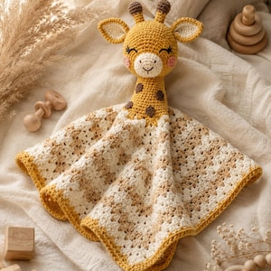 May include: A crochet giraffe lovey featuring a yellow head with brown spots, small horns, and embroidered facial features. The attached blanket is made of a white and tan checkered crochet pattern with a solid yellow border along the edges.