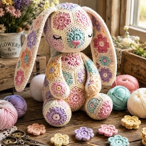 Peut inclure: Un lapin en peluche fabriqué à partir de motifs floraux hexagonaux crochetés multicolores dans des tons de rose, jaune, bleu et lavande. Le lapin présente de longues oreilles tombantes, des yeux fermés avec des cils brodés et un petit nez rose.