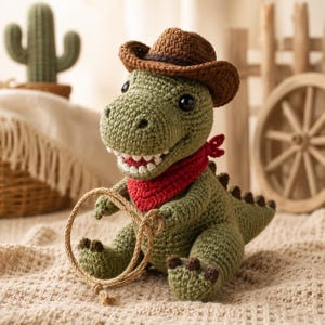 Pode incluir: Um brinquedo de dinossauro em crochê verde, usando um chapéu de cowboy castanho e uma bandana vermelha no pescoço. O dinossauro tem olhos pretos, dentes brancos e segura um laço de corda bege nas garras dianteiras. Figura feita de fio.