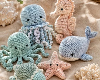 Ocean Amigurumi Crochet Pattern Bundle PDF | Crochet Sea Animals Pattern | Jellyfish Whale Seahorse Octopus Turtle Plush