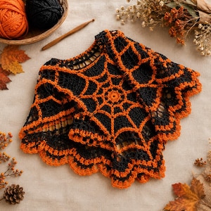 Spiderweb Capelet Crochet Pattern, Orange Black Halloween Shawl PDF, Gothic Crochet Cape, Spider Web Wrap Pattern, Digital Download