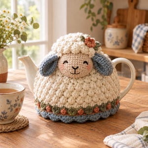 May include: A cream-coloured crochet tea cosy shaped like a sheep with a textured bobble stitch body, blue ears, and a small orange flower accent. The cosy features a decorative green leaf and orange berry border along the bottom edge with a blue scalloped trim.