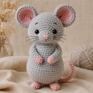 Puede incluir: Un juguete de ratón tejido a ganchillo en color gris con grandes orejas redondas con centros rosados, una pequeña nariz rosa, ojos de seguridad negros y bigotes negros finos. El ratón tiene un cuerpo redondo, manos y pies pequeños de color rosa y una larga cola rosa curvada.