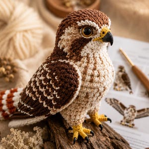 May include: A crocheted hawk figurine featuring brown and cream-colored yarn, a black beak, large dark eyes, and yellow feet with black claws. The bird has detailed wing patterns and a striped tail with white, brown, and reddish-brown horizontal bands.
