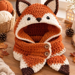 May include: A crochet fox hood and cowl set featuring a vibrant orange and cream color scheme with dark brown ear tips and tail accents. The hood includes two black button eyes and a dark brown nose, while the cowl fastens with two wooden buttons.