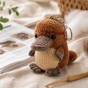 Puede incluir: Un llavero de ornitorrinco tejido a ganchillo en color marrón y crema, con un pico plano gris, pequeños ojos negros y una anilla metálica en la parte superior. El peluche tiene un cuerpo redondeado, patas palmeadas y una cola corta.