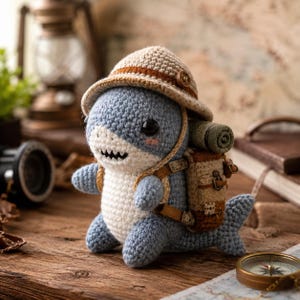 May include: A crocheted shark toy in blue and white, wearing a tan safari hat and backpack. The shark has a friendly expression with a stitched mouth and rosy cheeks. The backpack has brown straps and a rolled-up green blanket.
