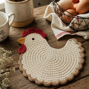 May include: A handmade crochet chicken-shaped trivet. The trivet features a cream-colored body with a brown scalloped edge, red comb and wattle, and a yellow beak. The trivet is on a wooden surface, with a basket of eggs in the background.