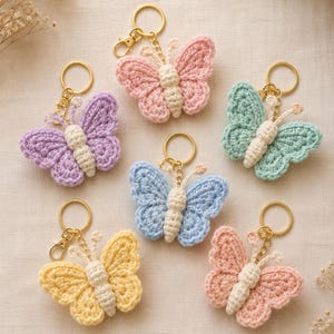 May include: Six crochet butterfly keychains, each featuring a cream-colored body and wings in pastel shades of pink, purple, light blue, mint green, and yellow. Each butterfly is attached to a gold-toned metal split ring and lobster clasp.