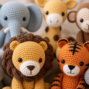 Puede incluir: Una colección de juguetes de animales de ganchillo hechos a mano, que incluyen un elefante, una jirafa, un mono, un león, un tigre y un rinoceronte. Los juguetes son de varios colores, como azul, amarillo, naranja y marrón, con ojos de seguridad negros y detalles blancos.