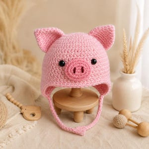 Pode incluir: Um gorro de crochê rosa claro com duas orelhas pontiagudas, um focinho redondo com duas narinas bordadas em castanho escuro e dois pequenos olhos pretos circulares. O gorro inclui duas longas tiras trançadas penduradas nas laterais.