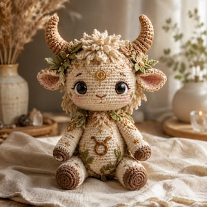 Puede incluir: Un peluche de ganchillo color crema con dos cuernos curvados, grandes ojos oscuros y mejillas rosadas. La figura está adornada con hojas verdes bordadas, detalles de estrellas doradas y el símbolo del zodiaco Tauro en el pecho.