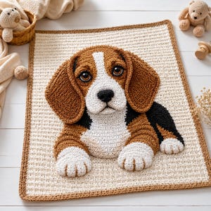 Pode incluir: Uma manta retangular de crochê com uma aplicação tridimensional central de um cão beagle. O cão tem pelo castanho, branco e preto, olhos grandes e escuros e um nariz preto. A manta tem uma base de cor creme texturizada e uma borda castanha.
