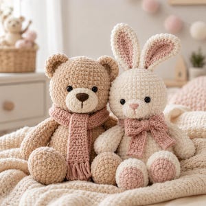 May include: A tan crocheted teddy bear wearing a dusty pink scarf and a cream crocheted rabbit with long ears, a dusty pink bow, and pink accents on its feet. Both stuffed animals have black safety eyes and are sitting on a textured cream blanket.
