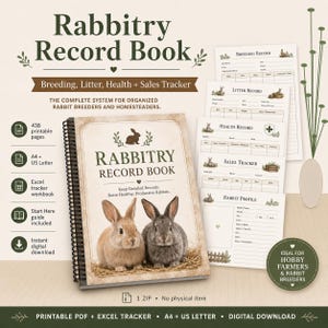 Könnte beinhalten: Ein digitales "Rabbitry Record Book" mit dem Titel und den Worten "Breeding, Litter, Health + Sales Tracker". Das Cover zeigt zwei Kaninchen und den Text "Keep Detailed Records. Raise Healthy, Productive Rabbits."