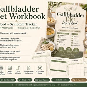 May include: A Gallbladder Diet Workbook featuring a food and symptom tracker, low fat meal guide, and printable PDF resources. The workbook includes sections for meal planning, symptom logging, and provider notes, presented in a clean, organized layout.