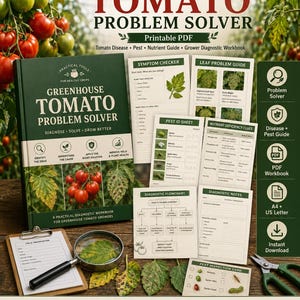 May include: A collection of printable PDF guides for greenhouse tomato growers. The guides include a problem solver, disease and pest guide, and a diagnostic workbook. The cover of the workbook reads "Greenhouse Tomato Problem Solver". The guides are designed to help diagnose, solve, and grow better tomatoes.
