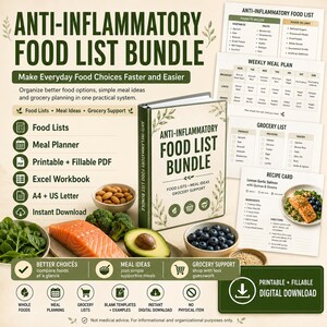 Puede incluir: Un "Paquete de listas de alimentos antiinflamatorios" con una cubierta verde, que presenta listas de alimentos, un planificador de comidas y apoyo para la compra de comestibles. La imagen incluye salmón, arándanos, aguacate y otros alimentos saludables. El paquete está disponible como PDF imprimible y descarga digital.