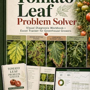 May include: A visual guide for greenhouse growers, titled "Tomato Leaf Problem Solver." The image displays a workbook, a checklist, and a laptop with a leaf tracker. It features examples of tomato leaf diseases like yellowing, brown spotting, and nutrient stress.