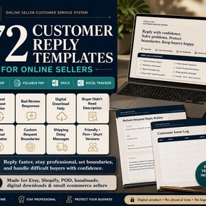 Può includere: Immagine promozionale per venditori online con "72 modelli di risposta ai clienti" per Etsy e Shopify. L'immagine mostra un laptop, blocchi per appunti e modelli per rimborsi, recensioni negative e ritardi di spedizione.