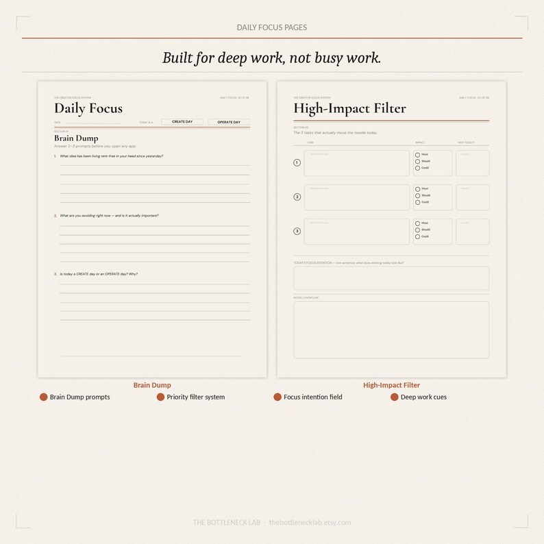 May include: Two-page spread from a daily focus planner. The left page is labeled "Daily Focus" with prompts for a brain dump. The right page is labeled "High-Impact Filter." Text reads "Built for deep work, not busy work."