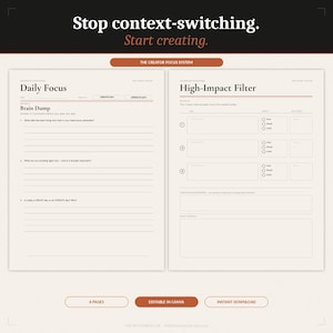 May include: A digital planner template with two facing pages. The left page is titled "Daily Focus" with prompts for brainstorming. The right page is titled "High-Impact Filter" with sections for tasks and impact assessment. Text reads "Stop context-switching. Start creating."