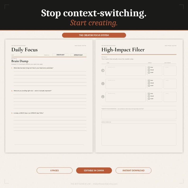 May include: A digital planner template with two facing pages. The left page is titled "Daily Focus" with prompts for brainstorming. The right page is titled "High-Impact Filter" with sections for tasks and impact assessment. Text reads "Stop context-switching. Start creating."