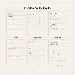 May include: A collection of six printable planning pages, including Daily Focus, High-Impact Filter, Bridge & Reflect, Weekly Audit, Monthly OS, and Bottleneck & Goals. The pages are in a minimalist style with a cream background and red accents.